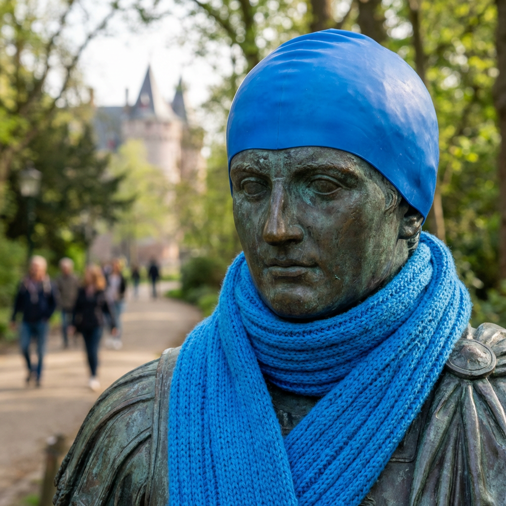 Mysterie opgelost: Waarom bekende standbeelden plotseling blauwe badmutsen dragen