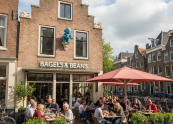 Mysterieus blauw mannetje bespiedt terrasbezoekers op het Van Coothplein