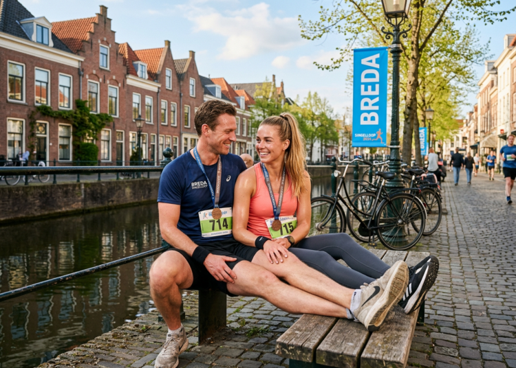 Schaatskoppel Kjeld Nuis en Joy Beune komt op adem na hardloopevenement in Breda